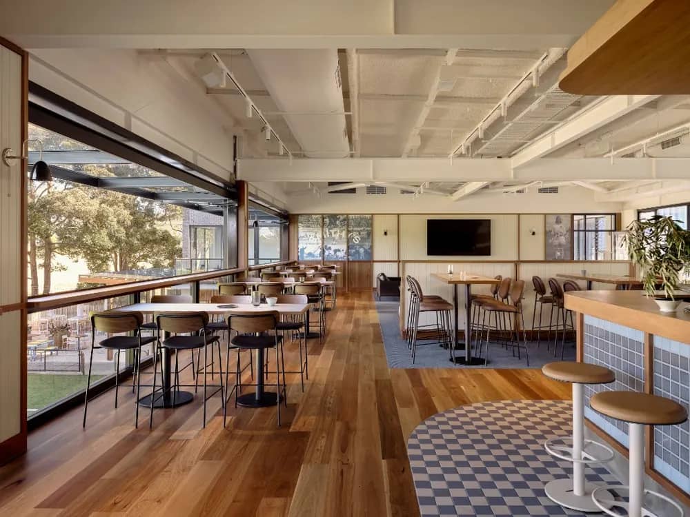High tables in Smithy’s Bar & Lounge beside the open windows over the ground